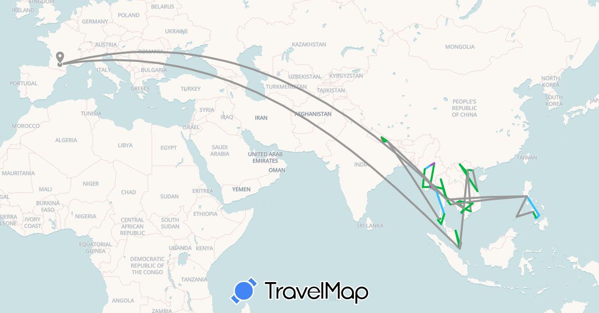 TravelMap itinerary: driving, bus, plane, train, hiking, boat in France, Cambodia, Myanmar (Burma), Malaysia, Nepal, Philippines, Singapore, Thailand, Vietnam (Asia, Europe)